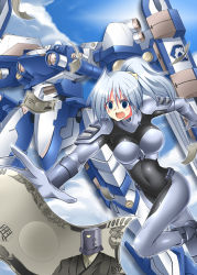 Rule 34 | 1girl, armor, ay pool, bodysuit, breasts, cloud, female focus, jack-o, long hair, machine, ment, money, open mouth, outdoors, running, silver hair, sky, solo, vero nork