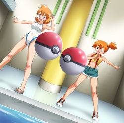 Rule 34 | 00s, 2girls, bad id, bad pixiv id, bare shoulders, blue eyes, breasts, competition swimsuit, creatures (company), dual persona, game freak, gym leader, highres, in-franchise crossover, midriff, misty (pokemon), multiple girls, navel, nintendo, one-piece swimsuit, open mouth, orange hair, poke ball, poke ball (basic), pokemon, pokemon (anime), pokemon (classic anime), pokemon hgss, pool, sandals, shoes, short hair, shorts, side ponytail, sneakers, suspenders, swimsuit, tsukiomi hikari, water