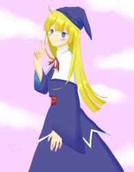 Rule 34 | 1girl, absurdres, blonde hair, blue dress, blue eyes, blush, boots, broom, dress, happy, hat, highres, long hair, long sleeves, looking at viewer, madou monogatari, puyo (puyopuyo), puyopuyo, self-upload, simple background, skirt, smile, solo, v, witch, witch (puyopuyo)