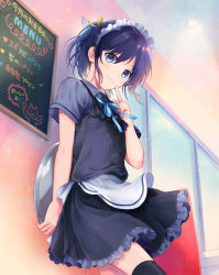 Rule 34 | 1boy, against wall, apron, arm behind back, bad id, bad pixiv id, black hair, black shirt, black skirt, black thighhighs, blue eyes, blue neckwear, buttons, cafe, ceiling light, chalkboard, closed mouth, collared shirt, commentary request, cowboy shot, dress shirt, finger to cheek, frilled skirt, frills, from below, fukakai na boku no subete wo, hair between eyes, hair ribbon, hand up, head tilt, highres, holding, holding tray, indoors, konayama kata, looking at viewer, maid headdress, male focus, menu board, ponytail, ribbon, shadow, shirt, short hair, short ponytail, short sleeves, sidelocks, skirt, smile, solo, standing, suzumi sou, thighhighs, translation request, trap, tray, waist apron, waitress, white apron, window