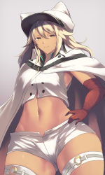 Rule 34 | 1girl, bandaged arm, bandages, belt, black belt, breasts, buttons, cape, closed mouth, collared shirt, commentary request, cowboy shot, dark-skinned female, dark skin, eyebrows hidden by hair, grey background, groin, guilty gear, guilty gear strive, hair between eyes, hand on own hip, hat, highres, long hair, looking at viewer, medium breasts, midriff, navel, platinum blonde hair, ramlethal valentine, shirt, short shorts, shorts, simple background, sleeveless, sleeveless shirt, solo, standing, thigh strap, white cape, white hat, white shirt, white shorts, yatai (ya2taic), yellow eyes
