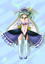 Rule 34 | 1girl, absurdres, alternate costume, bare shoulders, blush, breasts, choker, cleavage, daiyousei, full body, gloves, green eyes, green hair, hairband, highres, large breasts, mofu mofu, navel, pigeon-toed, short hair, side ponytail, skirt, smile, solo, thighhighs, touhou, v arms, waing, white gloves, white thighhighs, wings, yellow eyes