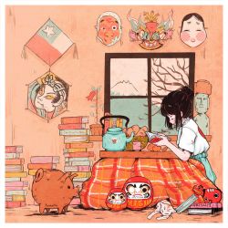 Rule 34 | 1girl, artist name, book, book stack, bread, cat, chilean flag, crisalys, cup, daruma doll, flower, food, highres, holding, holding book, japanese clothes, kotatsu, mask, mount fuji, open book, original, pig, piggy bank, reading, sitting, table, teapot, tree, window
