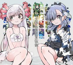 Rule 34 | 3girls, animal costume, blue hair, closed mouth, green eyes, green hair, grey eyes, hair ornament, japanese clothes, jinmen-gyo (kemono friends), kanmoku-san, kemono friends, kemono friends 3, kimono, lingerie, long hair, looking at viewer, mexico salamander (kemono friends), multiple girls, negligee, open mouth, red-eared slider (kemono friends), ribbon, stained glass, translation request, underwear, white hair