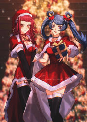 Rule 34 | 2girls, :d, absurdres, alternate costume, bag, black gloves, black legwear, blue angel (yu-gi-oh!), blue eyes, blue hair, blurry, blurry background, blush, bow, box, breasts, brown eyes, capelet, christmas, christmas tree, cleavage, dress, earrings, elbow gloves, floating hair, fur-trimmed capelet, fur-trimmed dress, fur-trimmed headwear, fur trim, garter straps, gift, gift box, gloves, hair bow, hair intakes, hat, heart, heart earrings, highres, holding, holding bag, holding box, izayoi aki, jewelry, long hair, looking at viewer, medium breasts, merry christmas, multiple girls, naoki (2rzmcaizerails6), open mouth, pleated dress, red bow, red capelet, red dress, red hair, red headwear, santa hat, short dress, short hair with long locks, smile, snowing, thighhighs, winter, yu-gi-oh!, yu-gi-oh! 5d&#039;s, yu-gi-oh! vrains, zettai ryouiki