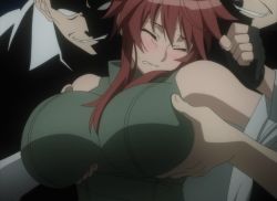 Rule 34 | 1girl, 2boys, animated, animated gif, blush, grabbing another&#039;s breast, breasts, closed eyes, grabbing, green eyes, groping, imminent rape, large breasts, long hair, molestation, multigrope, multiple boys, red hair, screencap, stitched, suzue konomi, sweater, third-party edit, triage x