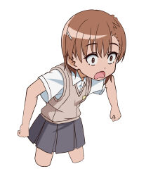 1girl absurdres brown_eyes brown_hair brown_sweater_vest commentary grey_skirt highres misaka_mikoto open_mouth pension_z school_uniform shirt short_hair simple_background skirt solo sweater_vest toaru_kagaku_no_railgun toaru_majutsu_no_index tokiwadai_school_uniform white_background white_shirt