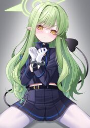 Rule 34 | 1girl, armband, belt, black belt, black jacket, black skirt, blue archive, blue armband, blush, bound, bound wrists, closed mouth, cuffs, demon tail, fukemachi, gloves, green hair, green halo, halo, handcuffs, highres, hikari (blue archive), jacket, long hair, long sleeves, looking at viewer, miniskirt, pantyhose, pleated skirt, pointy ears, sidelocks, sitting, skirt, solo, tail, white gloves, white pantyhose, yellow eyes