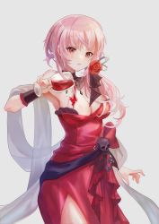 Rule 34 | 1girl, a yue, absurdres, armpits, black choker, breasts, choker, cleavage, clothes pull, cowboy shot, cup, dress, dress pull, flower, grey background, hair between eyes, hair flower, hair ornament, hair ribbon, highres, holding, holding cup, hololive, hololive english, jewelry, long hair, medium breasts, mori calliope, mori calliope (party dress), open mouth, pendant, pink hair, red dress, red eyes, red flower, ribbon, sash, side slit, simple background, solo, standing, strapless, strapless dress, virtual youtuber, white ribbon