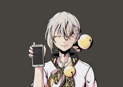 Rule 34 | 1boy, absurdres, bell, cellphone, commentary, cracked phone, duther altyn, grey background, grey hair, hair bell, hair ornament, hand up, highres, holding, holding phone, iori yuzuru, looking at viewer, male focus, neck bell, necktie, parted lips, phone, shirt, short sleeves, smartphone, smile, upper body, voiceroid, white shirt, yellow eyes, yellow neckwear