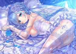 Rule 34 | 1girl, artist name, ass, bare shoulders, bed, blue eyes, blue flower, blue hair, blue nails, blue rose, blush, bound, bound wrists, breasts, bridal gauntlets, closed mouth, curtains, dress, elbow gloves, emori miku, feet out of frame, fingernails, flower, garter straps, gloves, hair flower, hair ornament, hair spread out, highres, lace, lace gloves, lace legwear, large breasts, light rays, liver city, long hair, looking at viewer, lying, nail polish, on bed, on side, panties, petals, pillow, purple flower, purple rose, ribbon, rose, rose petals, sakura moyon, smile, solo, thighhighs, underwear, very long hair, watermark, white dress, white panties, white ribbon, white thighhighs