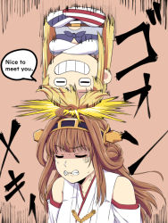 Rule 34 | 2girls, ahoge, american flag legwear, asymmetrical legwear, bare shoulders, blonde hair, brown hair, commentary request, crossed arms, detached sleeves, double bun, english text, closed eyes, grin, hairband, headgear, iowa (kancolle), ishii hisao, japanese clothes, kantai collection, kongou (kancolle), long hair, mismatched legwear, multiple girls, nontraditional miko, smile, speech bubble, thighhighs