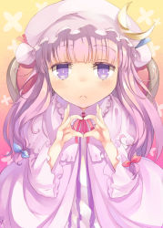 Rule 34 | 1girl, blush, bow, crescent, hat, heart, heart hands, long hair, looking at viewer, mikage sekizai, patchouli knowledge, purple eyes, purple hair, solo, touhou