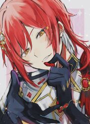 Rule 34 | 1boy, black gloves, blush, border, commentary, ensemble stars!, formal, gem, gloves, highres, idol clothes, jacket, looking at viewer, male focus, multicolored hair, pink background, red gemstone, red hair, sakasaki natsume, smile, solo, sparkle background, star (symbol), teeth, white border, white hair, white jacket, yellow eyes, yukimi bon