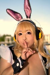 Rule 34 | 1girl, asian, blonde hair, breasts, brown eyes, cleavage, cosplay, fat, headphones, hoshima mika, huge breasts, jewelry, mascot, necklace, nitroplus, photo (medium), solo, star (symbol), super pochaco, super pochaco (cosplay), twintails