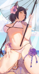 Rule 34 | 1girl, absurdres, animal ear fluff, animal ears, bikini, blue archive, bracelet, breasts, brown hair, flower, fox ears, fox girl, grin, hair flower, hair ornament, hand on own thigh, highres, holding, holding umbrella, jewelry, large breasts, long hair, midriff, nail polish, navel, parasol, pink nails, sandals, shenqi de (9), smile, stomach, string bikini, swimsuit, teeth, thigh strap, umbrella, very long hair, wakamo (blue archive), wakamo (swimsuit) (blue archive), water drop, wet, white bikini, yellow eyes