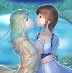 Rule 34 | 2girls, blue eyes, blurry, blurry background, breasts, collarbone, elf, french kiss, hair ornament, hand on another&#039;s back, hand on another&#039;s chest, hand on breast, kiss, multiple girls, original, pointy ears, tongue, tongue out, yuri