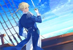 Rule 34 | 1boy, blonde hair, blue coat, blue eyes, blurry, blurry background, cloud, coat, coattails, cowboy shot, crise, day, dutch angle, elliot melville, epaulettes, from behind, gloves, hair between eyes, hand on own hip, hand up, holding, holding sword, holding weapon, lens flare, looking to the side, male focus, ocean, pants, pixiv fantasia, pixiv fantasia age of starlight, ponytail, ship, sleeve cuffs, smile, solo, standing, sword, tassel, watercraft, weapon, white gloves, white pants