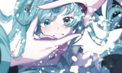Rule 34 | 1girl, 7naako5, absurdres, aqua eyes, aqua hair, bad id, bad pixiv id, bare shoulders, blurry, blurry foreground, blush, commentary request, depth of field, detached sleeves, finger frame, grin, hatsune miku, highres, light particles, long hair, long sleeves, looking at viewer, parted lips, simple background, smile, solo, teeth, twintails, upper body, vocaloid, white background