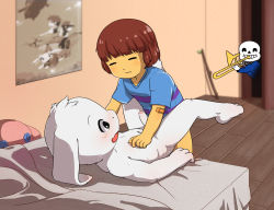 Rule 34 | 1other, 2boys, androgynous, animal ears, asriel dreemurr, bandaid, bed, bedroom, blush, brown hair, buttons, closed eyes, closed mouth, colored skin, door, frisk (undertale), furry, goat, goat ears, highres, hood, hoodie, instrument, multiple boys, nude, open mouth, painting (object), penis, sans (undertale), shirt, skeleton, smile, stick, stuffed toy, trombone, undertale, yellow skin