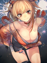 Rule 34 | 1girl, absurdres, bandages, bare shoulders, bent over, blonde hair, breasts, cleavage, closed mouth, fireworks, genshin impact, hand on own hip, highres, japanese clothes, kimono, kojima (blue stardust), large breasts, looking at viewer, orange eyes, sarashi, smile, solo, tattoo, yoimiya (genshin impact)