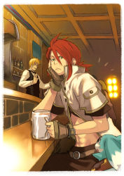 Rule 34 | 00s, 2boys, alternate costume, blonde hair, drink, formal, gloves, green eyes, guy cecil, luke fon fabre, male focus, mieu (tales), multiple boys, red hair, suit, tales of (series), tales of the abyss