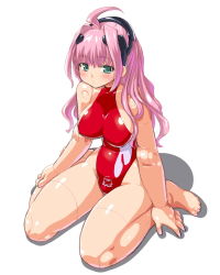 Rule 34 | 10s, 1girl, ach, ahoge, aqua eyes, bad id, bad pixiv id, bare shoulders, barefoot, breasts, busou shinki, dd (ijigendd), doll joints, full body, joints, large breasts, long hair, one-piece swimsuit, pink hair, shadow, sideboob, simple background, solo, swimsuit, white background