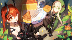 Rule 34 | 2girls, :d, android, bison cangshu, black legwear, blonde hair, blurry, breasts, closed mouth, day, depth of field, food, fork, green eyes, hair between eyes, highres, holding, holding food, holding fork, hood, hood up, horns, idollers, indian style, long hair, mechanical arms, mooncake, multiple girls, open mouth, orange eyes, orange hair, pants, pantyhose, plate, sidelocks, sitting, small breasts, smile, torn clothes, torn pants, tsurime, twintails