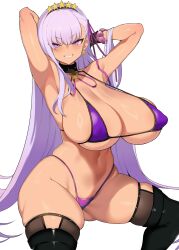 Rule 34 | 1girl, absurdres, arms behind head, arms up, bb (fate), bb (swimsuit mooncancer) (fate), bb (swimsuit mooncancer) (second ascension) (fate), bikini, blush, breasts, dark-skinned female, dark skin, fate (series), highres, huge breasts, long hair, purple bikini, purple eyes, purple hair, sitting, smile, solo, star (symbol), straight hair, swimsuit, toma50, toma fifty(トマ五十), white background