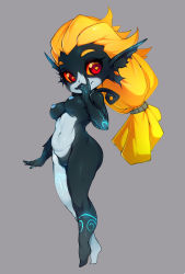 Rule 34 | 1girl, blonde hair, blue nipples, breasts, colored nipples, colored sclera, colored skin, glowing markings, grey background, grey skin, heart, heart-shaped pupils, highres, midna, multicolored skin, navel, nintendo, pointy ears, pussy, red eyes, simple background, slugbox, symbol-shaped pupils, the legend of zelda, the legend of zelda: twilight princess, two-tone skin, uncensored, yellow sclera