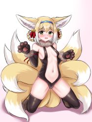 Rule 34 | 1girl, absurdres, animal ear fluff, animal ears, animal hands, arknights, bare shoulders, bell, black gloves, black leotard, black sleeves, black thighhighs, blonde hair, blue hairband, blush, bow, braid, braided hair rings, breasts, center opening, commentary, cosplay, detached sleeves, english commentary, fate/kaleid liner prisma illya, fate (series), fox ears, fox girl, fox tail, full body, fur-trimmed gloves, fur trim, gloves, gluteal fold, green eyes, hair bell, hair bow, hair ornament, hair rings, hairband, hands up, highres, illyasviel von einzbern (beast style), illyasviel von einzbern (beast style) (cosplay), jingle bell, kitsune, kyuubi, leotard, long sleeves, multicolored hair, multiple tails, navel, nose blush, open mouth, paw gloves, red bow, rylaera, small breasts, solo, suzuran (arknights), tail, thighhighs, twin braids, two-tone hair, variant set, wavy mouth, white hair