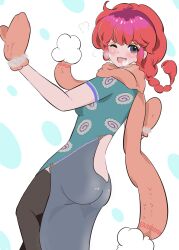 Rule 34 | 1girl, absurdres, ass, blue eyes, braid, breasts, chinese clothes, genderswap, genderswap (mtf), highres, looking back, medium breasts, nibo ume katsu, one eye closed, open mouth, ranma-chan, ranma 1/2, red hair, saotome ranma, single braid, solo, thighhighs, wink