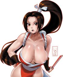 Rule 34 | 1girl, bosomforpillow, breasts, brown eyes, brown hair, fatal fury, hand fan, hand on own hip, huge breasts, japanese clothes, kimono, ponytail, red kimono, shiranui mai, thick thighs, thighs, wide hips