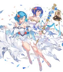 Rule 34 | 2girls, bare shoulders, bell, blue eyes, blue hair, breasts, catria (fire emblem), clenched teeth, closed mouth, detached collar, dress, feather trim, female focus, fire emblem, fire emblem: mystery of the emblem, fire emblem: the binding blade, fire emblem echoes: shadows of valentia, fire emblem heroes, flower, full body, hair ornament, highres, kakage, matching hair/eyes, medium breasts, multiple girls, nintendo, official art, one eye closed, open mouth, short hair, skirt, strapless, strapless dress, teeth, thea (fire emblem), torn clothes, torn dress, torn skirt, trait connection, transparent background, wedding dress, white dress, white footwear, wince