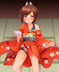 Rule 34 | 10s, 1girl, alcohol, alternate costume, brown eyes, brown hair, cup, drunk, faubynet, hair ornament, highres, i-401 (kancolle), japanese clothes, kantai collection, kimono, md5 mismatch, obi, one-piece swimsuit, open mouth, ponytail, resolution mismatch, sakazuki, sake, sash, school swimsuit, short hair, short ponytail, sitting, smile, solo, source larger, swimsuit, swimsuit under clothes, tatami
