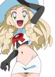 Rule 34 | 1girl, blonde hair, cosplay, creatures (company), elbow gloves, game freak, gloves, green eyes, hainchu, hat, lillie (pokemon), midriff, miniskirt, navel, nintendo, pokemon, pokemon (anime), pokemon sm (anime), skirt, tagme, team rocket, team rocket (cosplay)