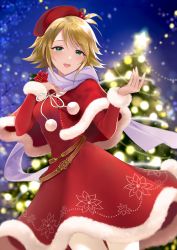Rule 34 | 1girl, :d, blue eyes, breasts, brown hair, capelet, christmas, christmas tree, dress, flower, fur-trimmed capelet, fur-trimmed dress, fur trim, highres, idolmaster, idolmaster cinderella girls, looking at viewer, medium breasts, messy hair, night, night sky, open mouth, outdoors, pantyhose, q-v (levia), red capelet, red dress, short hair, sky, smile, solo, umeki otoha, white pantyhose