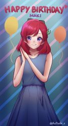 Rule 34 | 1girl, ;p, artist name, artist request, balloon, bare shoulders, blue dress, blush, bow, collarbone, dress, female focus, green bow, hair between eyes, hair bow, highres, illustrator x, looking at viewer, love live!, love live! school idol project, nishikino maki, one eye closed, purple eyes, red hair, short hair, smile, solo, tongue, tongue out