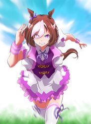 Rule 34 | 1girl, animal ears, blue bow, blue ribbon, bow, braid, brown hair, clenched teeth, day, ear ribbon, french braid, frown, hair between eyes, highres, horse ears, horse girl, horse tail, jacket, juuzou (amayuu112), multicolored hair, open clothes, open jacket, outdoors, pleated skirt, puffy short sleeves, puffy sleeves, purple eyes, ribbon, running, school uniform, short hair, short sleeves, skirt, sky, solo, special week (umamusume), streaked hair, sweatband, tail, teeth, thighhighs, thighs, two-tone hair, umamusume, vest, white thighhighs, zettai ryouiki
