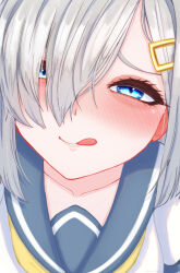 :q blue_eyes close-up daichi_(daiti1318) eye_focus grey_hair hair_ornament hair_over_one_eye hairclip hamakaze_(kancolle) highres kantai_collection licking_lips neckerchief school_uniform serafuku short_hair thick_eyelashes tongue tongue_out yellow_neckerchief