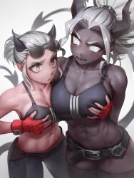Rule 34 | 2girls, abs, absurdres, black horns, black pants, demon, demon girl, demon horns, demon tail, eyewear on head, gloves, glowing, glowing eyes, grey eyes, grey hair, hand on another&#039;s chest, hand on own chest, helltaker, highres, horns, judgement (helltaker), justice (helltaker), medium support (meme), meme, multiple girls, muscular, muscular female, navel, numanoan, pants, red gloves, sports bra, sunglasses, tail, white background, white eyes