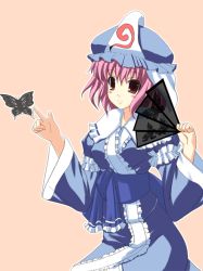 Rule 34 | 1girl, bonnet, bug, butterfly, female focus, folding fan, frills, hand fan, hat, insect, kaneru, long sleeves, mob cap, outline, pink hair, red eyes, robe, saigyouji yuyuko, sash, short hair, simple background, solo, touhou, triangular headpiece, white outline, wide sleeves