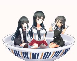 Rule 34 | 10s, 3girls, agano (kancolle), asashio (kancolle), asymmetrical legwear, belt, black hair, black skirt, black thighhighs, blue eyes, blue ribbon, bowl, breasts, buttons, commentary request, dress, gloves, grey eyes, hair ornament, hairclip, in bowl, in container, kantai collection, large breasts, long hair, long sleeves, moonstar, multiple girls, neck ribbon, necktie, open mouth, oyashio (kancolle), pale skin, pleated skirt, ribbon, sailor collar, school uniform, serafuku, shirt, short sleeves, simple background, single thighhigh, sitting, skirt, sleeveless, sleeveless dress, smile, suspenders, thighhighs, uneven legwear, vest, white background, white gloves, white shirt