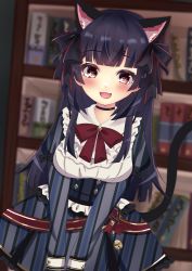 Rule 34 | 1girl, animal ears, artist request, bell, black hair, blunt bangs, blush, book, bookshelf, bow, bowtie, breasts, brown eyes, cat ears, cat tail, choker, dress, fang, frilled dress, frills, hair ornament, hair ribbon, hairclip, highres, idolmaster, idolmaster shiny colors, jingle bell, long hair, long sleeves, mayuzumi fuyuko, medium breasts, open mouth, red bow, red bowtie, ribbon, solo, striped clothes, striped dress, tail, two side up