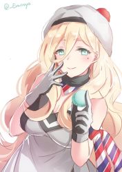 Rule 34 | 1girl, aqua eyes, armband, beret, blonde hair, commentary request, dress, emia wang, food, gloves, hair between eyes, hat, holding, holding food, kantai collection, long hair, macaron, mole, mole under eye, multicolored clothes, multicolored dress, multicolored gloves, multicolored scarf, one-hour drawing challenge, pom pom (clothes), richelieu (kancolle), scarf, solo, strapless, strapless dress, twitter username, white background, white hat