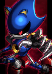 Rule 34 | 1boy, absurdres, animal ears, black sclera, colored sclera, fake animal ears, glowing, glowing eyes, highres, joints, looking at viewer, metal sonic, no humans, no mouth, pointy nose, red eyes, robot, robot joints, silverchariotx, solo, sonic (series)
