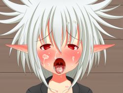 Rule 34 | androgynous, blush, cum, cum in mouth, cum on tongue, face, facial, gender request, nadadekoko, open mouth, oral invitation, pointy ears, red eyes, solo, tongue, uvula, white hair