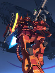 Rule 34 | absurdres, artofwill, axe, bazooka (gundam), dual wielding, from below, gun, gundam, hand up, heat hawk, highres, holding, holding axe, holding weapon, horns, knee up, looking at viewer, mecha, mobile suit gundam, o&#039;neill cylinder, one-eyed, red eyes, robot, science fiction, shoulder spikes, single horn, solo, space habitat, spikes, thrusters, weapon, zaku ii s char custom