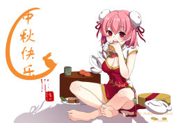 Rule 34 | 1girl, amputee, artist name, bandaged arm, bandages, bare legs, barefoot, blush, breasts, cleavage, cleavage cutout, clothing cutout, coin, commentary request, cup, double bun, eating, english text, feet, flower, food, food on face, fruit, ibaraki kasen, indian style, large breasts, leaf, looking at viewer, mandarin orange, missing limb, o-yatsu, open mouth, piggy bank, pink eyes, pink flower, pink hair, pink rose, plate, rabbit, rose, short hair, simple background, sitting, smile, soles, solo, teeth, toes, touhou, translation request, upper teeth only, white background, yunomi