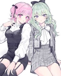 Rule 34 | 2girls, :&lt;, :o, black bow, black corset, black ribbon, black thighhighs, blush, bow, bowtie, buttoned cuffs, corset, cowboy shot, cropped jacket, dot nose, earrings, garter straps, green hair, grey skirt, hair between eyes, hair bow, hair ribbon, hand on own thigh, hand up, head tilt, heart, heart earrings, high-waist skirt, highres, jacket, jewelry, kusanagi nene, legs together, long bangs, long sleeves, looking at viewer, multiple girls, ootori emu, open clothes, open jacket, parted lips, pink eyes, pink hair, plaid, plaid jacket, plaid skirt, pnyo emc, project sekai, purple eyes, ribbon, shirt, short hair, side-by-side, sidelocks, simple background, sitting, skirt, surgeon cuffs, thighhighs, thighs, white background, white bow, white shirt